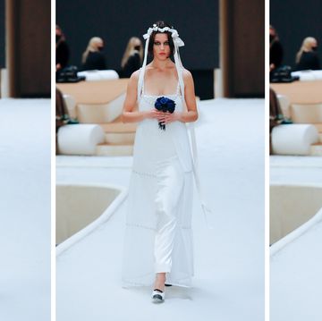 a model wears a chanel wedding outfit in a guide to the best comfortable wedding shoes 2023