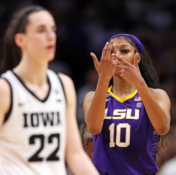dallas, texas april 02 angel reese 10 of the lsu lady tigers reacts towards caitlin clark 22 of the iowa hawkeyes during the fourth quarter during the 2023 ncaa womens basketball tournament championship game at american airlines center on april 02, 2023 in dallas, texas photo by maddie meyergetty images