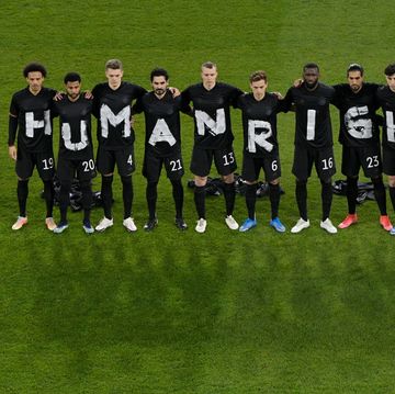 duisburg, germany   march 25 players of germany wear t shirts which spell out human rights prior to the fifa world cup 2022 qatar qualifying match between germany and iceland on march 25, 2021 in duisburg, germany sporting stadiums around germany remain under strict restrictions due to the coronavirus pandemic as government social distancing laws prohibit fans inside venues resulting in games being played behind closed doors photo by tobias schwarz   poolgetty images